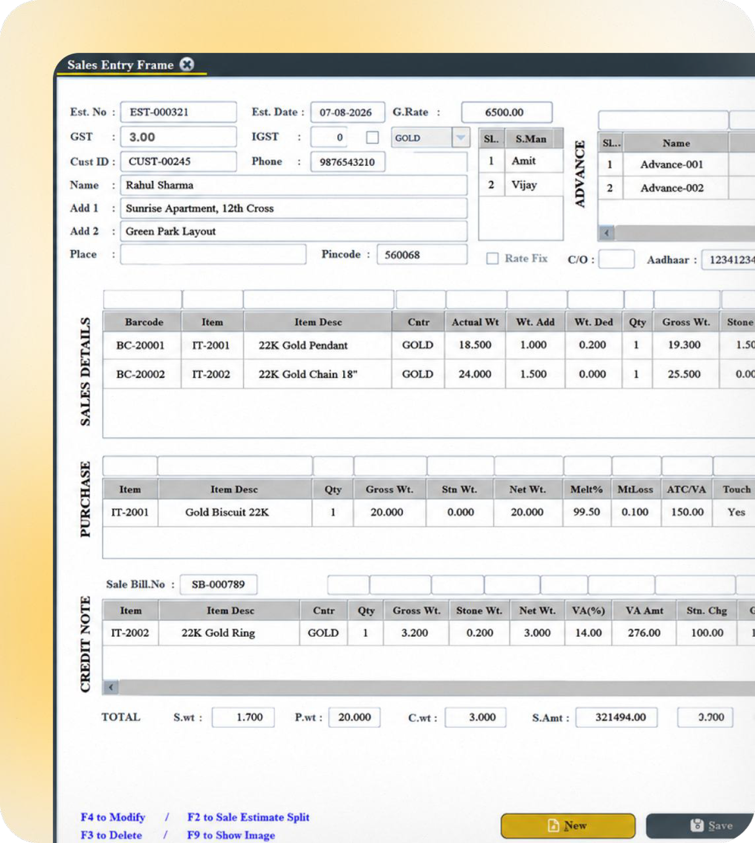 Jewellery business software interface preview