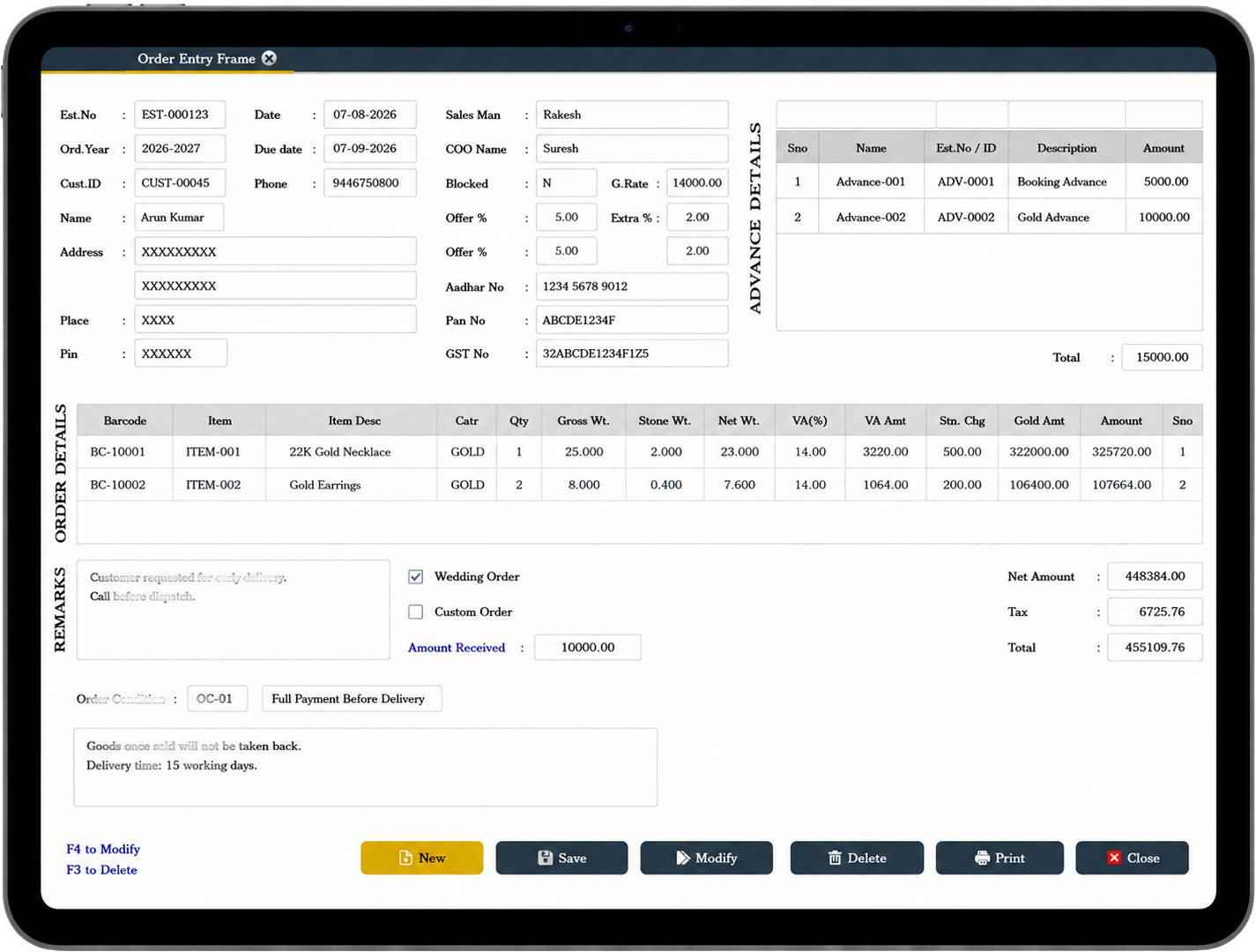 Desktop dashboard preview for the jewellery ERP platform